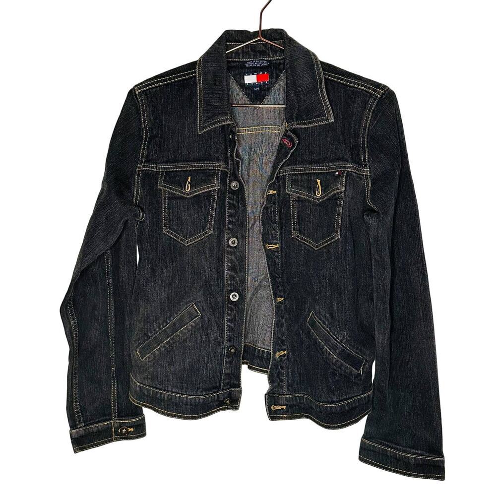 Vintage Tommy Hilfiger Black Button Front Pockets Denim Jacket Size Large
